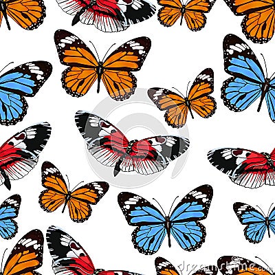 Butterflies seamless pattern, vector background. Bright multicolored insects on a white backdrop. For fabric design, wallpapers, w Vector Illustration