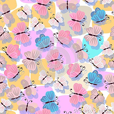 Butterflies and their shadows on a multicolored patchwork background. Vector spring design. Gentle seamless pattern Vector Illustration