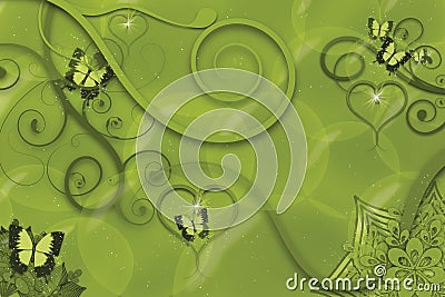 Flying Butterflies, Creeping Vines, Twinkling Hearts, Floating Bubbles, Flowers & Leaves of a Fantasy World in Green Stock Photo