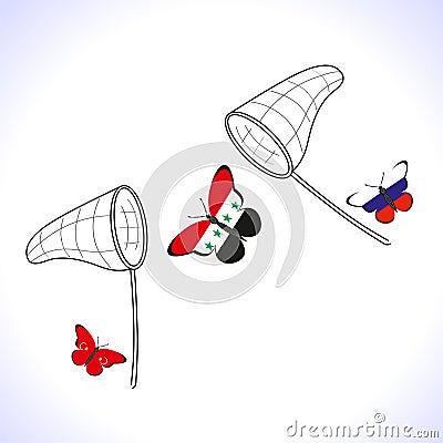 Butterflis with the flag of Russia, Turkey and Syria and landing net Vector Illustration