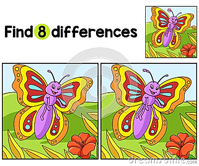 Butterfly Animal Find The Differences Vector Illustration