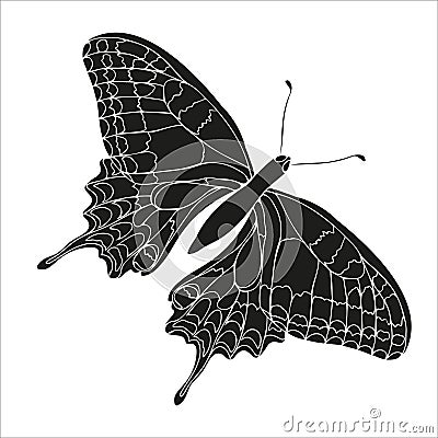 Butterfly black silhouette art illustration. Insect butterfly for stickers, tattoo, silhouette, scrapbook. Winged Vector Illustration