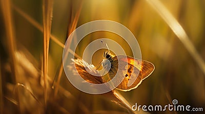A Butterfly On A Blade Of Grass Against A Blurred Background. Ge Stock Photo