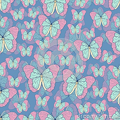 Butterfly cartoon drawing seamless pattern, vector background. Abstraction drawn insect with pastel pink turquoise wings on blue b Vector Illustration