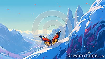 butterfly in a chilly snow mountain Stock Photo