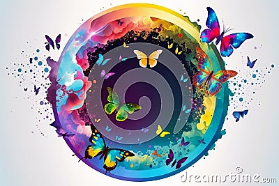 Butterfly in circular design surrounded by colorful rainbow circle with small butterflies and white stars. Generative AI Stock Photo