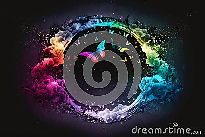 Butterfly in circular design surrounded by colorful rainbow circle with small butterflies and white stars. Generative AI Stock Photo