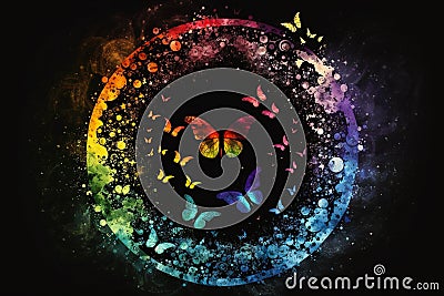 Butterfly in circular design surrounded by colorful rainbow circle with small butterflies and white stars. Generative AI Stock Photo