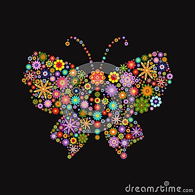 Butterfly consisting of different colors flowers on black Vector Illustration