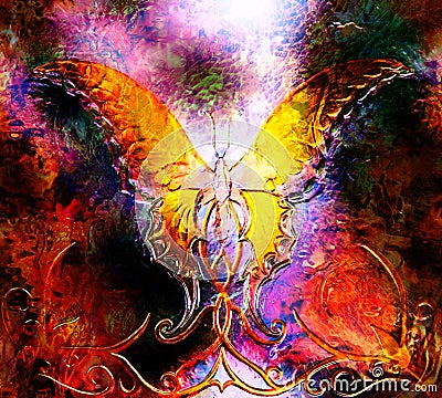 Butterfly in cosmic space. in fire flame. graphic design and glass effect. Stock Photo