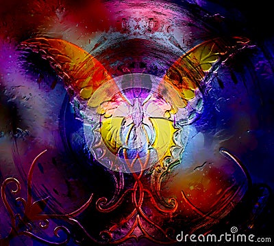 Butterfly in cosmic space. graphic design and glass effect. Stock Photo