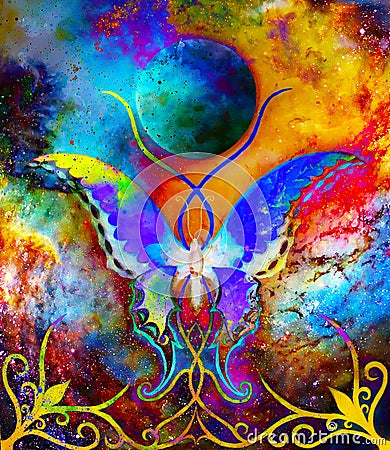 Butterfly in cosmic space and moon with ornament. Painting and graphic design. Stock Photo