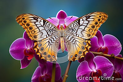Butterfly delicately perched on the stamen of a blooming orchid, its wings a kaleidoscope of colors. Generative AI Stock Photo