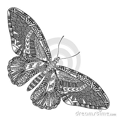 Butterfly with ethnic doodle pattern. Zentangle inspired pattern for anti stress coloring book pages for adults and kids Vector Illustration