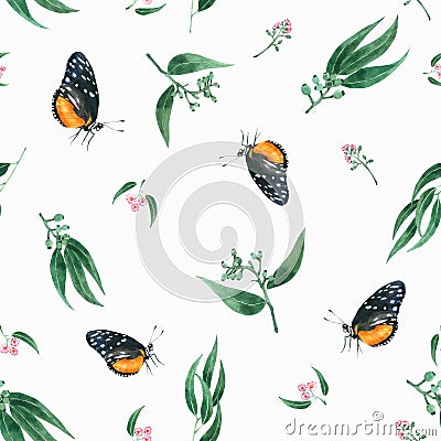 Butterfly and Eucalyptus Seamless Pattern watercolour painted Stock Photo