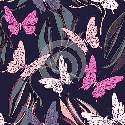 Butterfly fabric pattern. Foliage leves and beautiful flying insects spring objects. Summer cloth, vintage decorative Vector Illustration