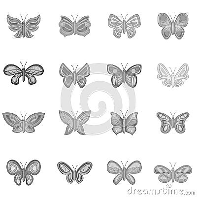 Butterfly fairy icons set, monochrome style Vector Illustration