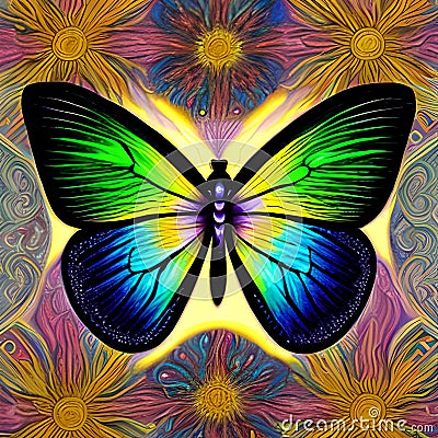 Butterfly fantasy exotic colorful drawing, gorgeous colors, bold retro-style drawing ai Generated, generative AI, CGI Cartoon Illustration