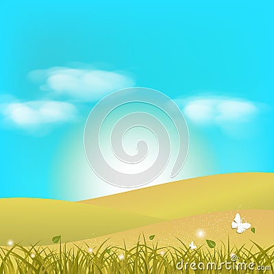 Butterfly fantasy paper art flying on grass field with clouds in Vector Illustration