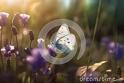 A butterfly flies over blooming flowers. Generative AI Stock Photo