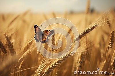 Butterfly flies wheat field nature. Generate Ai Stock Photo