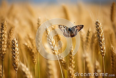 Butterfly flies wheat field plants. Generate Ai Stock Photo