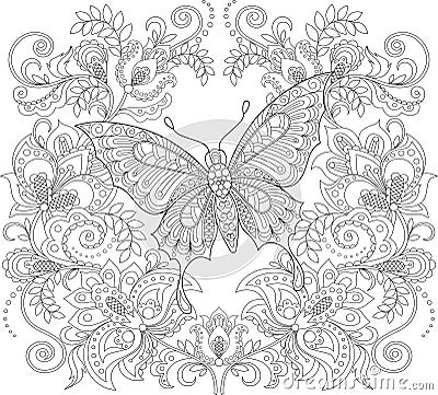 Butterfly and floral ornament. Adult antistress coloring page Vector Illustration