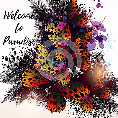 Butterfly floral poster or illustration on tropical theme with p Cartoon Illustration