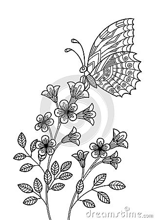 Butterfly on the flower anti-tress doodle coloring book page for adult. Zentangle insect black and white illustration Cartoon Illustration