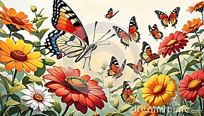 Butterfly flower blossoms wall decorator colorful natural alive Cartoon Illustration