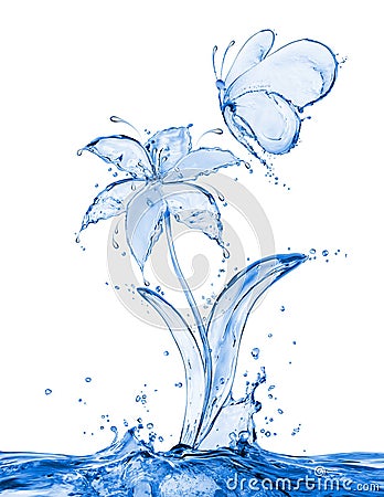 Butterfly and flower made of water splashes Stock Photo