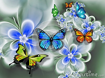 Butterfly on flowers, abstraction. Wallpaper for the wallsn. 3D rendering. Stock Photo