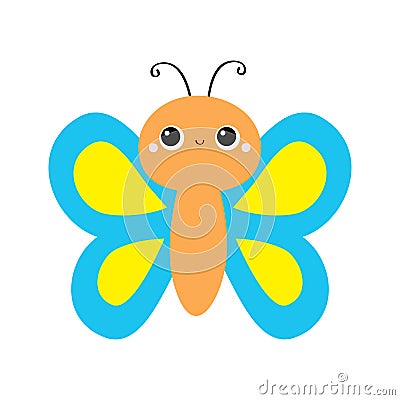 Butterfly flying insect icon. Blue Yellow color. Cute cartoon kawaii funny animal character. Smiling face. Baby kids collection. Vector Illustration