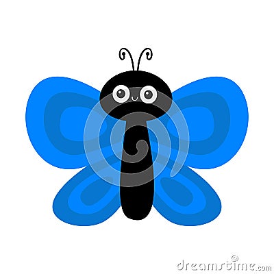 Butterfly flying insect icon. Cute bug. Cartoon kawaii funny animal character. Blue color. Smiling face. Baby kids collection. Vector Illustration