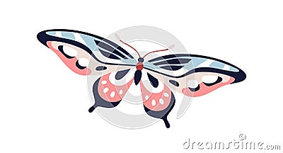 Butterfly flying. Tropical exotic moth with beautiful wings pattern. Spring and summer insect. Abstract gorgeous fauna Vector Illustration