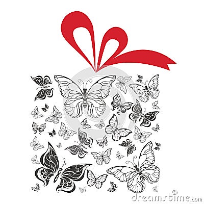 Butterfly gift box with red ribbon vector illustration Vector Illustration