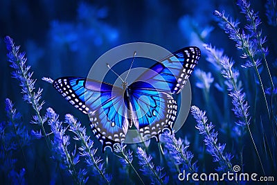 Butterfly in the grass on a meadow at night in the shining moonlight Generated AI Stock Photo