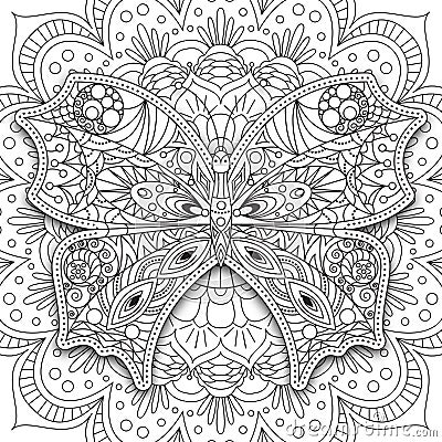 Butterfly. Hand drawn ethnic Printable vector in doodle style. Coloring book page for adults and older children Vector Illustration