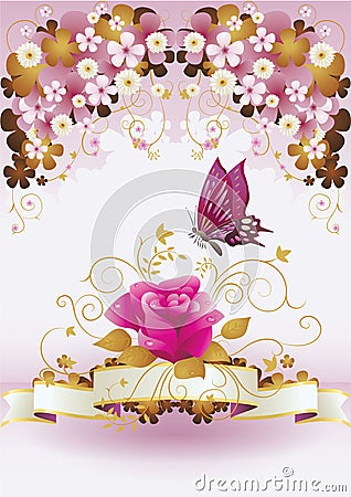 butterfly hovering over a rose. Vector illustration decorative background design Cartoon Illustration