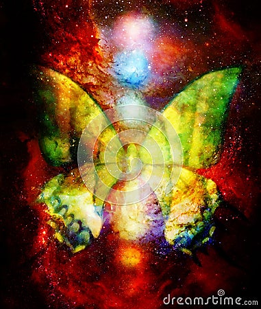 Butterfly with light energetic chakras in cosmic space. Painting and graphic design. Stock Photo