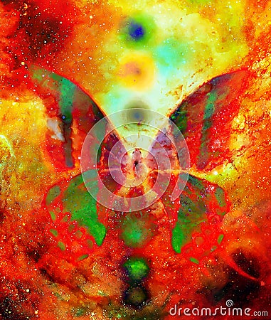 Butterfly with light energetic chakras in cosmic space. Painting and graphic design. Stock Photo