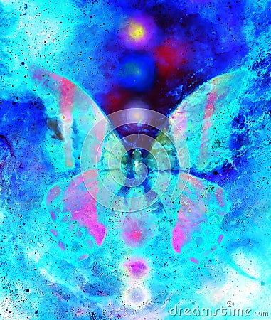 Butterfly with light energetic chakras in cosmic space. Painting and graphic design. Stock Photo