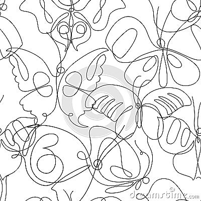 Butterfly line art seamless pattern. Flying butterflies on simple background Vector Illustration