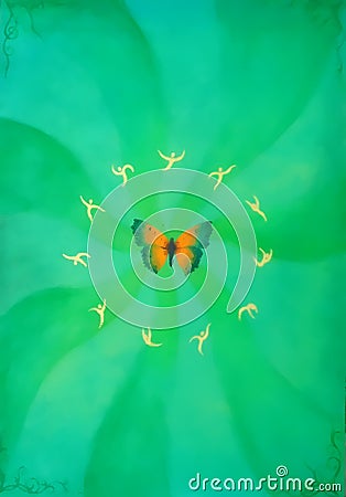 Butterfly and litle gold dancing ellf on green background. Painting and graphic design. Stock Photo