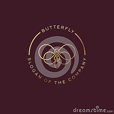 Butterfly logo. Beautiful decorative butterfly from intertwined lines. Golden logo for cosmetics. Vector Illustration
