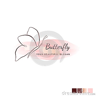 Butterfly logo vector. Line hand-drawn illustration with gold watercolor brush stroke Vector Illustration