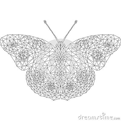 Butterfly in low-poly style with black lines on a white background. Symmetrical crystal illustration insect geometry triangle sty Vector Illustration