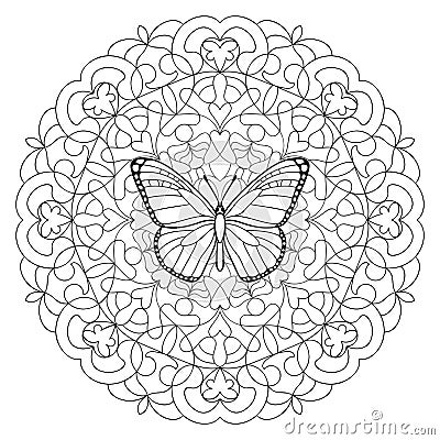 Butterfly Mandala Coloring Page Vector Illustration