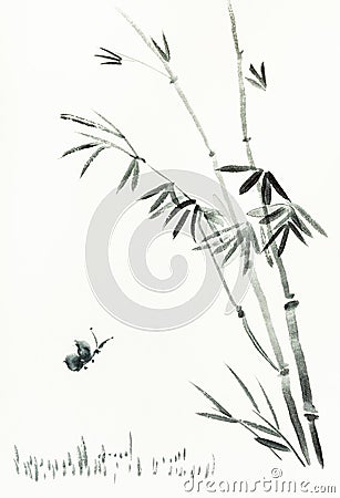 Butterfly near bamboo bush is hand drawn on paper Stock Photo