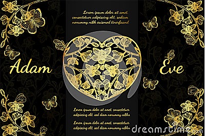 Butterfly with orchids invitation card by hand drawing Vector Illustration